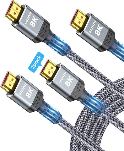 Highwings 8K HDMI Cable 2.1 10FT/3M 2-Pack, 48Gbps High Speed HDMI Cord-Nylon Braided 8K60Hz 4K120Hz 4K144Hz 3D eARC HDR10 4:4:4 HDCP 2.2&2.3 QMS DSC VRR, Compatible for Laptop, Monitor, Roku TV,HDTV