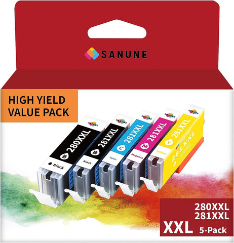 SANUNE PGI-280XXL CLI-281XXL Value Pack Replacement for Canon 280 281 Ink Cartridges Compatible with Canon PIXMA TR8520 TR7520 TR8620 TS9120 TS6320 TS6220 TS6120 TS8120 TS8220 TS8320 Printer (5-Pack)