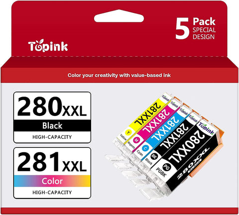 PGI-280XXL CLI-281XXL 5-Color Value Pack Compatible Ink Cartridge Replacement for Canon PGI-280 CLI-281 XXL with PIXMA TR7520 TR8520 TS6120 TS6220 TS8120 TS8220 TS9120 TS9520 TS6320 TS9521C