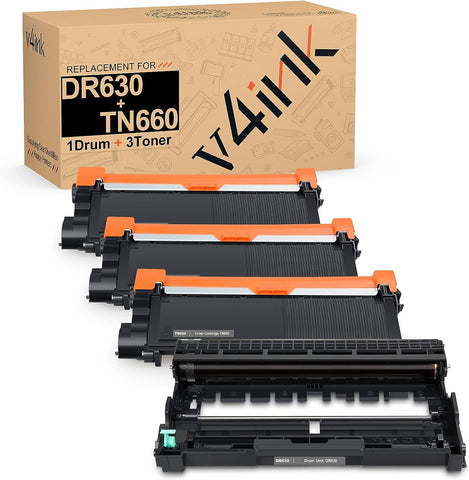 v4ink Compatible DR630 TN660 Set Replacement for Brother DR630 Drum TN660 Toner (1D+ 3T) for Brother HL-L2300D L2320D L2360DW L2380DW MFC L2700DW L2720DW L2740DW Tray_Toners_Cartridges_Printer