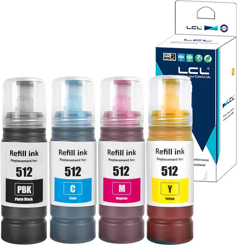 LCL Compatible Refill Ink Bottle Replacement for 512 T512 T512020 T512120 T512220 T512320 T512420 ET7700 ET-7700 ET7750 ET-7750 (4-Pack,Photo Black,Cyan,Magenta,Yellow)