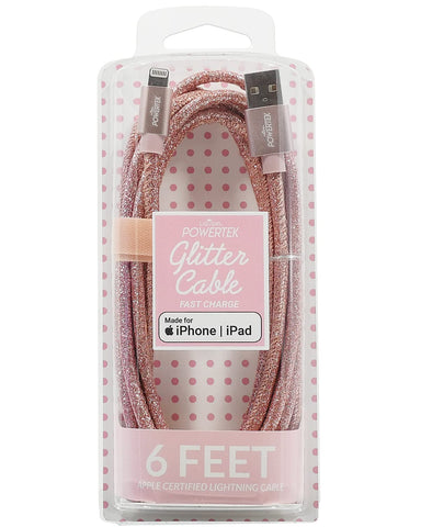 LIQUIPEL Powertek Glitter MFi Certified Charger Compatible for Apple iPhone, iPad, 6ft Cable, Lightning to USB Cable Cord, Fast Charging Lightning Cable (Rose Gold)