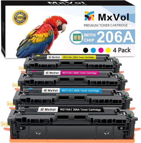 MxVol 206A Toner Cartridges 4 Pack?Pantented Chip? Compatible Replacement for HP 206A 206X W2110A W2110X for Laserjet Pro MFP M283fdw M283cdw M255dw M282nw M283 M255 M282 Series Printer Ink (4 Pack)