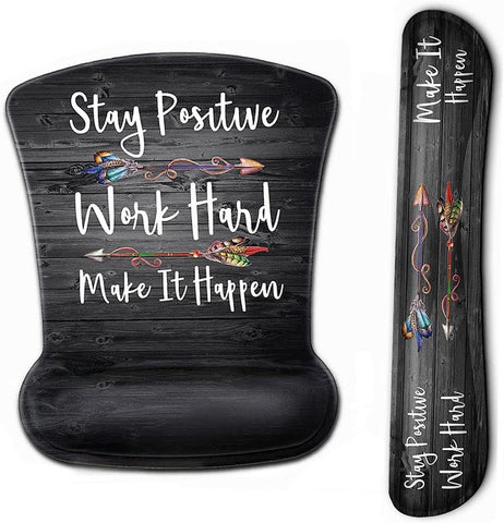 Keyboard Wrist Rest and Mouse Pad Wrist Support Set ,Stay Positive Work Hard and Make It Happen Quote Rustic Black Old Wood Ergonomic Gel Mouse Pad Keyboard Mousepad Set with Coasters