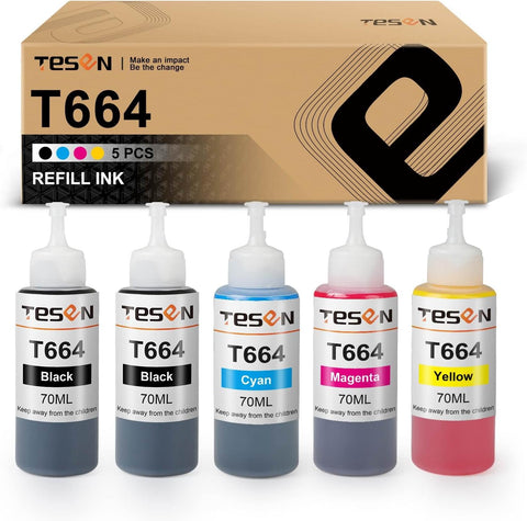 TESEN Compatible T664XL Refill Ink Bottle Replacement for Epson 664 XL T664 for Use with Epson EcoTank ET-2500 ET-2550 Workfoce ET-4500 L485 L350 Printer T664120 T664220 T664320 T664420 5-Pack Color