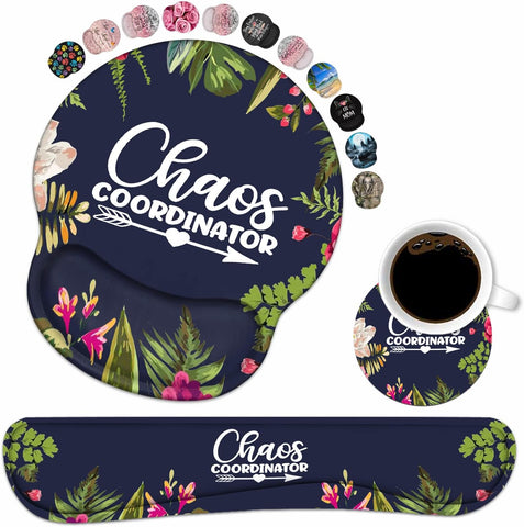 Keyboard Wrist Rest and Mouse Pad Wrist Support Set with Coasters, Chaos Coordinator Quotes Colored Floral Wreath Print Wrist Support Mouse Pad with Non-Slip PU Base for Computer Laptop Home Office