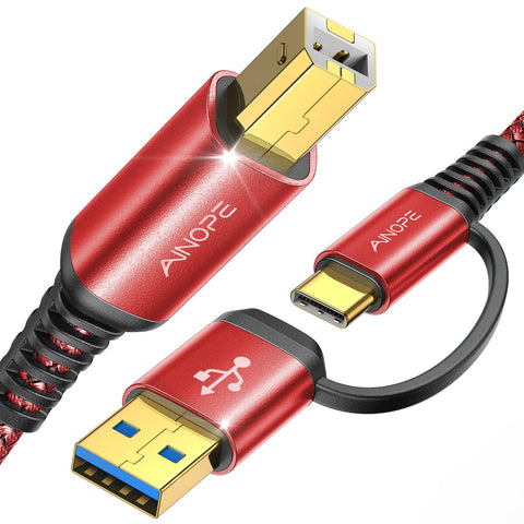 AINOPE 2-in-1 USB Printer Cable High-Speed [6.6FT Red] USB B to USB C Printer Cord for MacBook Pro/Air, HP Canon Dell Epson Brother