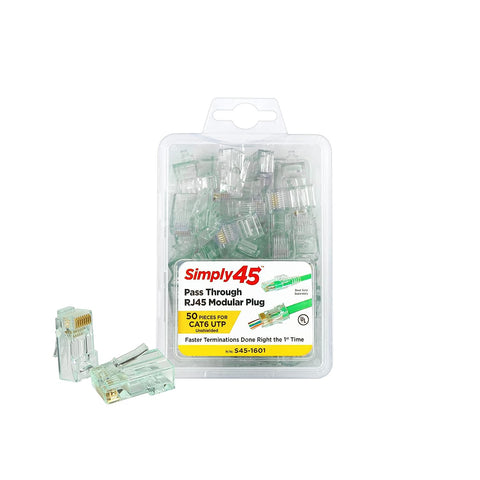 Simply45 Unshielded Pass-Through RJ45 Modular Plugs for 23AWG Solid (Cat6 UTP), 26-24AWG Stranded (Cat5e/6 UTP Stranded) - Green Connectors, 50-Piece - S45-1601