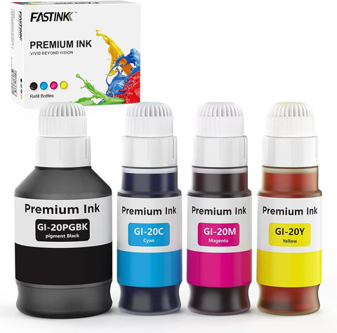 FASTINK Compatible GI-20 GI20 Ink Bottles Refills Kit,High Yield,Dye Ink for Canon PIXMA G7020 PIXMA G6020 PIXMA G5020 MegaTank Printers,170mL Black Ink Refill, 70mL Cyan Magenta Yellow,4 Pack