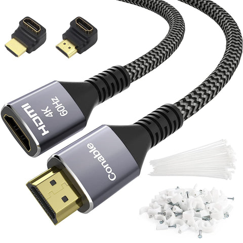 4K HDMI Extension Cable 20 Feet, HDMI 2.0 Braided Extender Male to Female Cord, Pure Copper 3D 4K@60Hz 2160p 1080p HDR HDCP 2.2 ARC (with 25 Ties, 25 U Nails, 2 HDMI Adapters)- 20FT