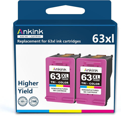 Ankink 4X Capacity 63 Color Ink Cartridges 2 Pack XL Replacement for HP Ink 63XL for Officejet 3830 4650 4652 4655 5200 5252 5255 5258 Envy 4520 4512 Deskjet 1112 2132 3630 3632 Printer HP63 Tricolor