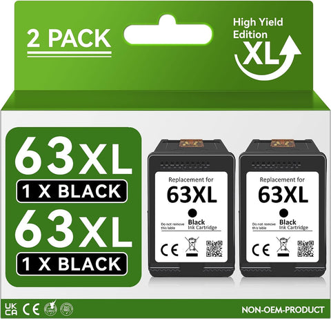 High Yield for HP Ink 63 Replacement for HP 63XL Black Ink Cartridge,63XL Ink Cartridge Work with Envy 4520 4512 4655 Officejet 3830 4650 4655 3833 3831 5255 Deskjet 3630 3632 1112 Printer (2 Pack)