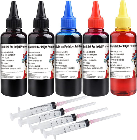 KSI 5x100ml Ink Refill kit for HP 950 951 932 933 60 61 952 902 901 62 63 64 65 21 22 920 940 934 564 711 970 971 94 95 96 for Refillable Ink Cartridges 4 Color Set (2BK,C,M,Y)