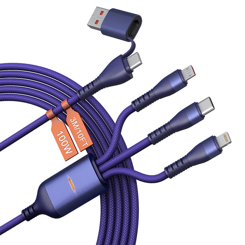 100W USB C to Multi Charging Cable 3M/10Ft [MFi Certified] Fast Charging Cord 5-in-1 USB C/A to Micro USB+Lightning+Type C Connectors, Braided Multiple Charger Cable for Laptop/iPhone/Pad/Android/Mac