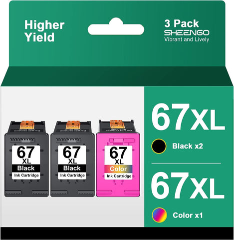 67XL Ink Cartridges Black/Color Combo Pack Replacement for HP 67XL High Yield for Envy 6055e 6055 6052 6075 Envy Pro 6455e 6455 6475 6452 6458 DeskJet 4155 2755e 2755 Printer (2 Black, 1 Tri-Color)