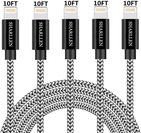 iPhone Cable Lightning Charger 5Pack 10FT MFi Certified iPhone Charging Cord Nylon Braided Extra Long Wire 10 Feet Fast USB Data Line Compatible iPhone 12/11 Pro/XS/Max/X/8+/7/iPad/iPod Black Sharllen