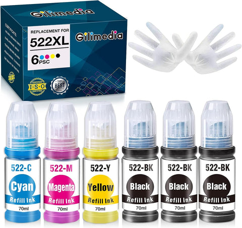 GILIMEDIA Compatible 522 Ink Refill Bottles Replacement for Epson EcoTank ET-2720 ET-2800 ET-3750 ET-4800 ET-2803 ET-4700 ET-2750 ET-2760 ET-3760 ET-4750