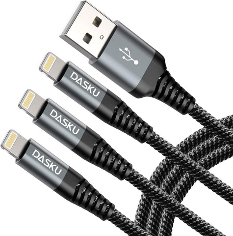 Dasku Lightning Cable 3ft 3Pack Nylon Braided Heavy Duty iPhone Charger Cord Black Compatible with 14/13 / 12/11 Pro Max/X/Xs Max/Xr /8 Plus/ 7 6S Plus 6 Plus/iPad Mini/Air