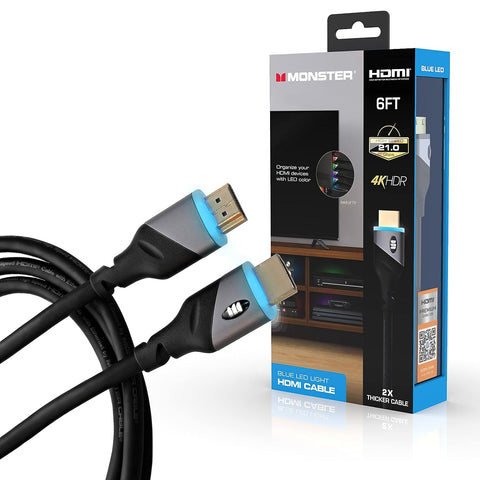 Monster 6ft High Speed 4K Hdr Hdmi Cable with Built-in Blue Led Light, Gaming, Video, and Computer