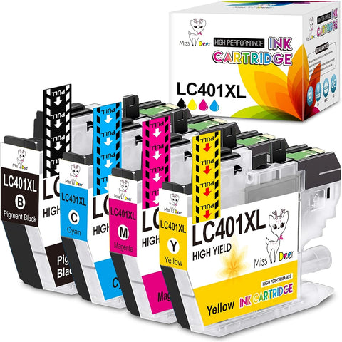 Miss Deer LC401XL Ink Cartridges Compatible Replacement for Brother LC401 LC 401 XL Black Ink Cartridge High-Yield Work for Brother MFC-J1010DW MFC-J1170DW MFC-J1012DW Printer 4-Pack (BK/C/M/Y)