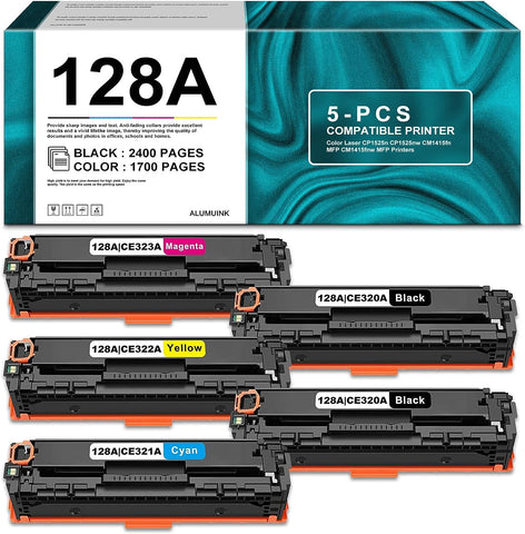 128A Black Cyan Yellow Magenta Toner Cartridges 5-Pack - Auk Compatible Replacement for HP 128A CE320A CE321A CE322A CE323A Toner Cartridge Laser Pro CM1415fn CM1415fnw CP1525n CP1525nw Printers