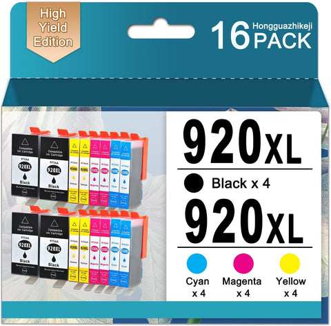 920XL Compatible Color Ink Cartridges Replaccement for HP 920 920XL 920 XL Compatible with Officejet 6500 6000 7000 7500A 6500A Printer (4 Black, 4 Cyan, 4 Magenta, 4 Yellow, 16-Pack)