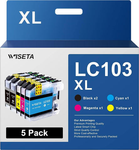 WISETA LC103 XL LC103XL Compatible Ink Cartridge Replacement for Brother LC103 XL LC-103XL LC103XL LC103BK LC101 to Use with MFC-J870DW MFC-J6920DW MFC-J6520DW MFC-J450DW (5 Pack, 2B1C1M1Y)