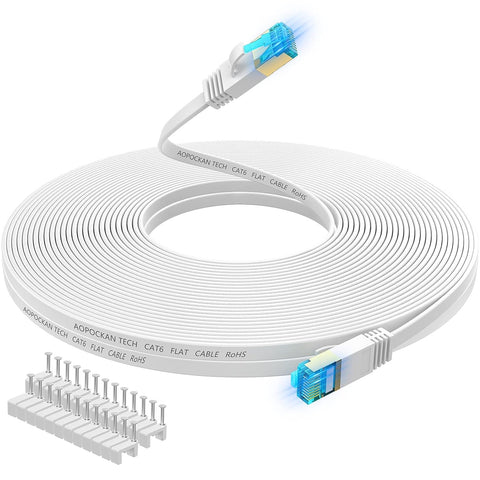 Cat 6 Ethernet Cable 75 ft,Flat Internet Network LAN Patch Cords – Solid Cat6 High Speed Computer Wire with Clips & Snagless Rj45 Connectors for Modem,Router,PS4 – Faster Than Cat5/Cat5e - 75ft White