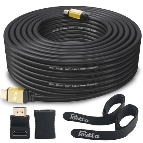 Postta HDMI Cable 50 Feet HDMI 2.0V Cable with 2 Piece Cable Ties+2 Piece HDMI Adapters Support 4K 2160P,1080P,3D,Audio Return and Ethernet-Gold