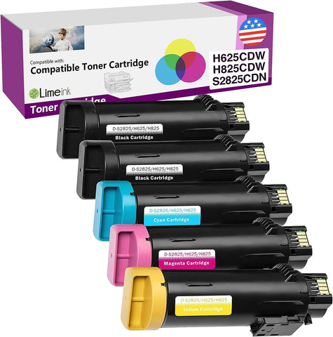 Limeink Compatible Toner Cartridge Replacement for Dell H625cdw Toner H825cdw for Dell Toner S2825cdn High Yield Laser Toner Cartridges For H625 H825 s2825 Ink 5 Pack 2 Black 1 Cyan 1 Yellow 1 Magenta