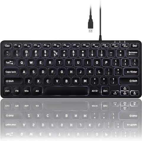 Perixx PERIBOARD-332 Wired Backlit USB Keyboard - Mini 11.22x4.57x0.83 Inches - Slim Scissor Keys with Big Font - White Illuminated LED - US English