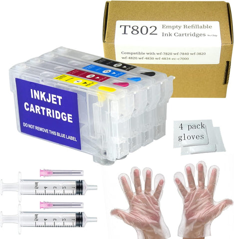 802XL 802 T802 Sublimation Ink Cartridges No Chip 812 812XL T812XL Replacement Refillable Ink Cartridges Without Chip & Ink for WF-7820 WF-7830 WF-7840 WF-7310 WF-7835 WF-7845 EC-C7000 Printers