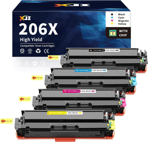 XJI 206X(with Chip) High Yield Compatible Toner Cartridges Replacement for HP 206 X A W2110X W2111X W2112X W2113X 206A, for Color Laserjet Pro M255 M255dw MFP M283 M283cdw M283fdw Printer(4 Pack)