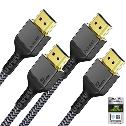 Maxonar 8K HDMI Cables 10FT 2-Pack, (Certified) 48Gbps High Speed Braided Slim HDMI 2.1 Cable, 10K 8K60Hz 4K120Hz, HDCP 2.2&2.3 Dynamic HDR SBTM eARC RTX3090 Dolby Compatible with Roku TV/PS5/Blu-ray