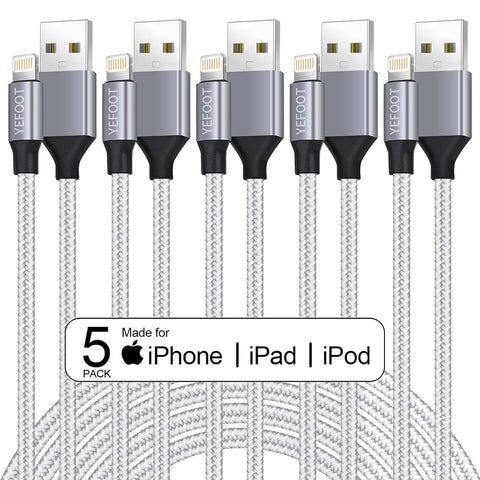 [Apple MFi Certified] 5Pack(3/3/6/6/10FT) iPhone Charger Nylon Braided Fast Charging Lightning Cable Compatible iPhone 14Pro/14/13Pro/13/12Pro/12/11and More-Silver&White