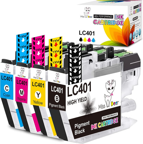 Miss Deer LC401 Compatible Ink Cartridge Replacement for Brother LC401 LC-401, Work with Brother MFC-J1010DW, MFC-J1012DW and MFC-J1170DW,4 Pack (BK/C/M/Y)