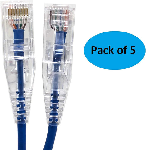 Micro connectors 3 Feet CAT 6A Ultra Slim Patch 28AWG Cable (Blue) 5-Pack (E09-003BL-SL5)