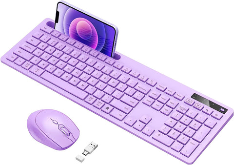 Keyboard and Mouse Wireless, Vivefox Wireless Keyboard with Phone Holder USB A & Type C Receiver Cute Keyboard and Mouse Compatible for Windows, Mac, MacBook/Air/Pro Computer (Purple)