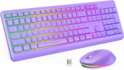 Wireless Keyboard and Mouse Combo Backlit, seenda Rechargeable Full-Size Illuminated Wireless Keyboard and Mouse Set, 2.4Ghz Silent Keyboard and Mouse for Computer/Laptops/Windows/Gaming, Vine Purple