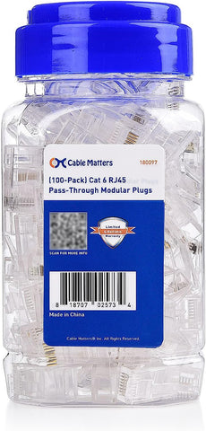 Cable Matters 100-Pack Cat 6 Pass Through RJ45 Connectors (Cat 6 Ends / Cat6 Connector / RJ45 Modular Plugs/Ethernet Plugs/Network Connector) for Solid or Stranded UTP Ethernet Cable