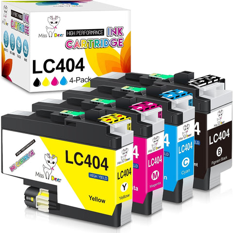 Miss Deer LC404 Ink Cartridges Compatible Replacement for Brother LC 404 LC-404 LC404BK Ink Cartridge High-Yield Work for Brother MFC-J1205W MFC-J1215W Printer 4-Pack (BK/C/M/Y)