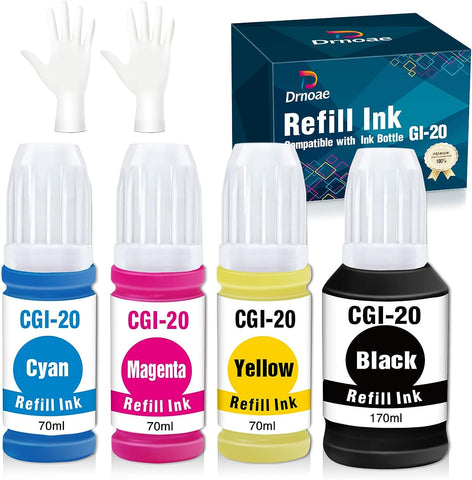 Drnoae Compatible GI-20 Ink Bottles Replacement for GI-20 GI20 Ink Bottles Refills Kit for Canon PIXMA G6020 G7020 G5020 MegaTank Printer - 4 Pack (Black, Cyan, Magenta, Yellow)