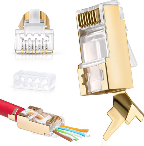 Everest Media Solutions RJ45 Cat7 & Cat6A Pass Through Connectors - 30 Pcs, 50UM Gold Plated Shielded FTP/STP External Ground for 23 AWG Network Cable