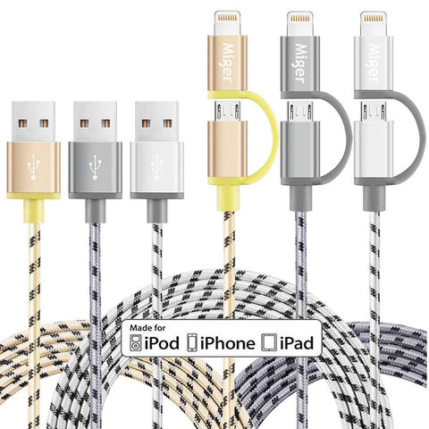 Multi Charging Cable 6.5Ft/2M MFi Certified 2Pack USB A to Lightning/Micro USB Cables 2 in 1 Nylon Braided Charge and Sync Charger Cord for iPhone, iPad/iPod, Huawei, Nexus, Nokia, Sony, HTC & More