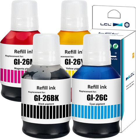 LCL Compatible Ink Bottle Pigment Replacement for Canon GI26 GI-26 BK GI-26BK GI-26C GI-26M GI-26Y MAXIFY GX6020 GX6021 GX7020 GX7021 (4-Pack Black Cyan Magenta Yellow)