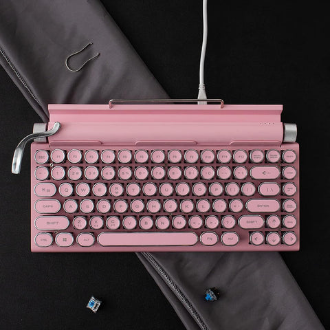 SUEHIODHY Vintage Typewriter Keyboard Bluetooth5.0 LED Backlit Retro Mechanical Keyboards 83keys Blue Switch with Stand Wired Punk Style Keyboard for Tablet/Desktop/Laptop/Cell Phone (Pink)