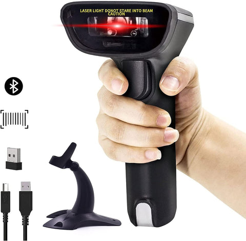 Bluetooth Barcode Scanner with Stand, Wireless 1D Automatic Bar Code Reader for Inventory Management, Work with Windows/Mac OS/Linux Computer, Made for iPhone, iPad, and Android