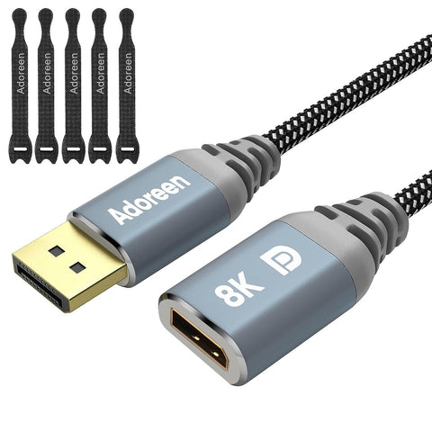 Adoreen 8K DisplayPort Extension Cable 20 feet, Braided DP to DP Extended 1.4 Cord (from 0.6-25ft) Male to Female (8K@60Hz 4K@120Hz 2K@165Hz) Extender Display Port with 5 Ties