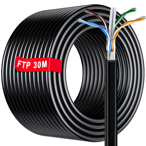 100FT Bulk rj45 Cable FTP Shielded Ethernet Network Cable Outdoor | FTP 23AWG Shielded Gigabit Anti-Jamming Internet Cable Weatherproof | Cat 6, CCA, RJ45 | Colour Black (30 Meters)