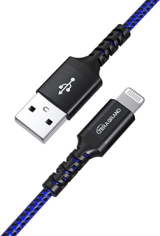 Tera Grand - Apple C89 MFi Certified Lightning to USB Braided Cable for iPhone 14/13/12/11 Pro Pro Max Plus Mini, SE XS Max XR X, 8/7/6 Plus, iPad, AirPods, 10 Ft Black/Blue